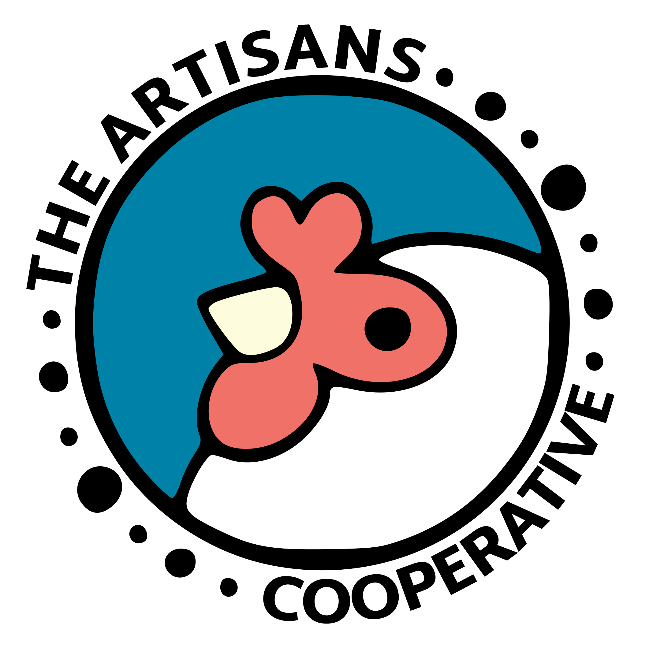 Artisans Cooperative Logo Showing the Side of a Chicken Face in a Circle Against a Blue Sky with Text