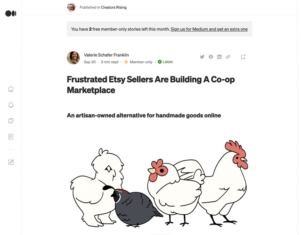 Screenshot of a Medium article with a chicken cartoon that says Frustrated Etsy Sellers Are Building a Co-op Marketplace