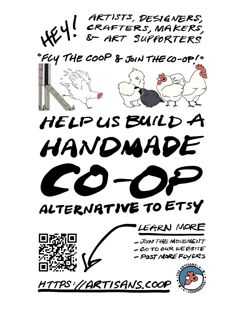 Hand-drawn flyer that says Help Us Build a Handmade Co-op with chicken illustrations