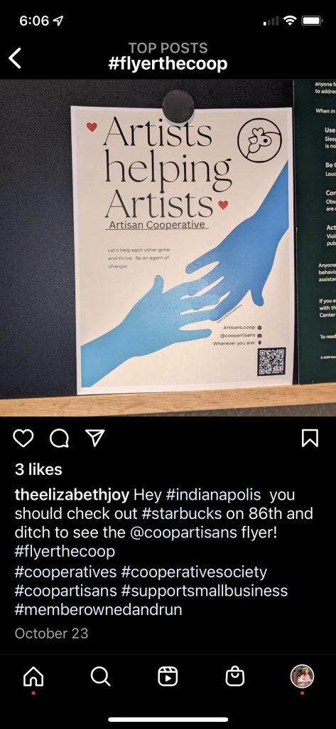 Screenshot of an Instagram post sharing a posted flyer that says Artisans Helping Artisans