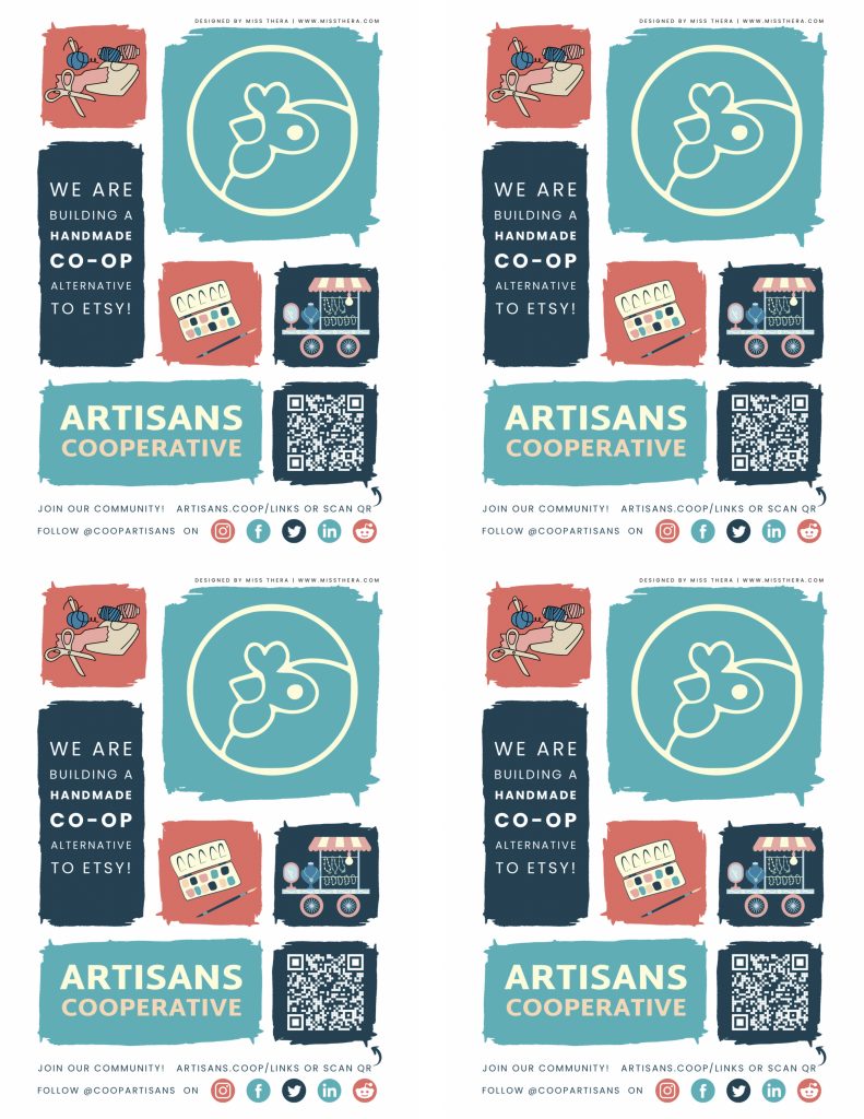 Quarter Sheet flyer (four miniature versions of the Artisans Cooperative on one page for cutting into four small flyers for distributing at craft fairs)