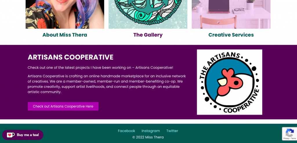 Screengrab of an artisan's website with a homepage block talking about Artisans Cooperative