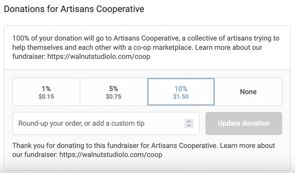 Screengrab of a charity round-up option on a website shopping cart asking for donations to Artisans Cooperative