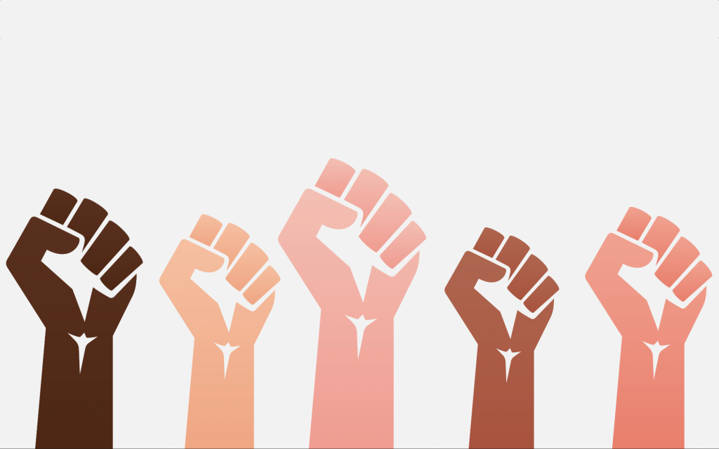 Union graphic showing a line of five upraised fists in protest, in multiple skin tones. Image credit dice.com