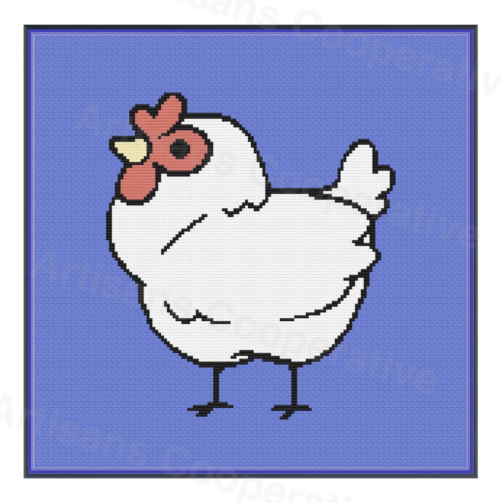 Cross-stitch pattern of Brook the Artisans Cooperative chicken mascot on a sky blue background square