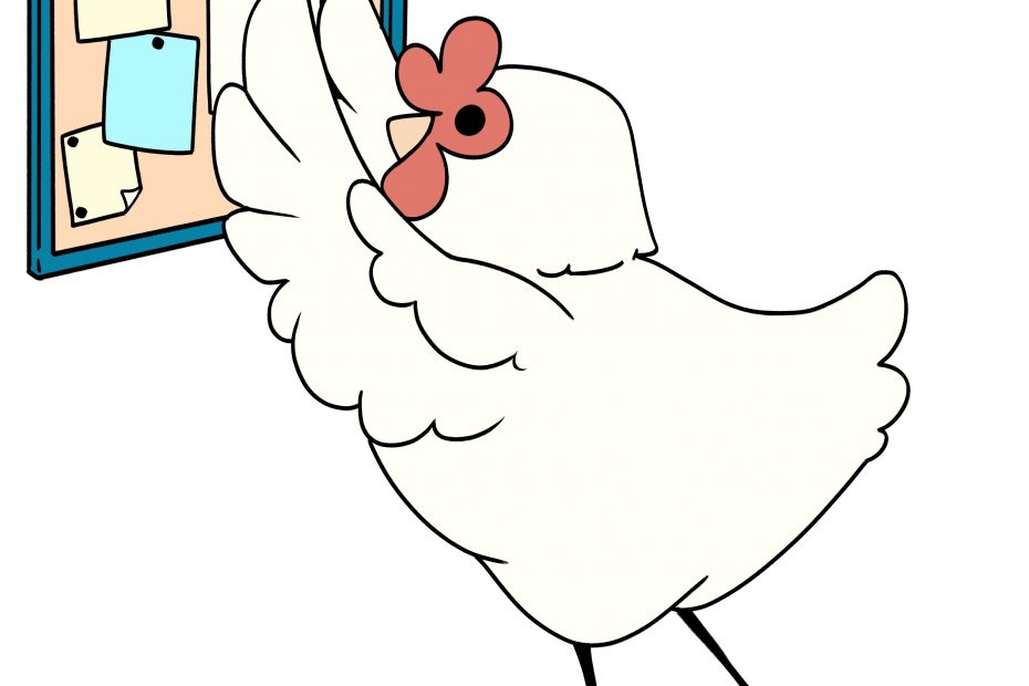 Illustration of Brook the artisans cooperative chicken putting up a flyer on a billboard