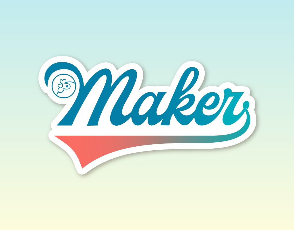 Image of a colorful sticker in the Artisans Cooperative brand colors in a rainbow from blue to teal to salmon with the word "Maker" underscored like a sports team logo and the chicken mascot