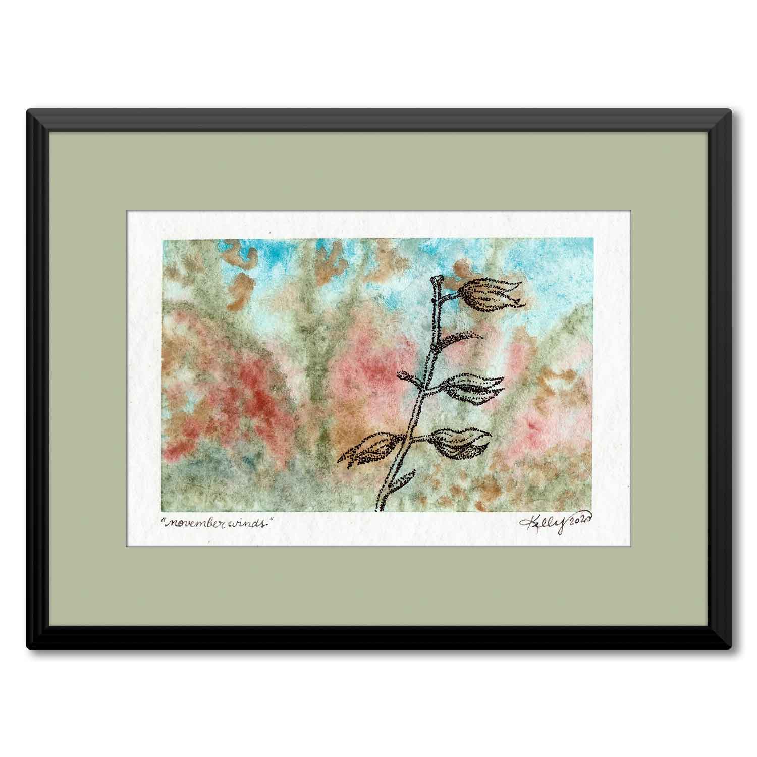 Framed art print of an outdoor scene with a fall flower head leaning in the wind