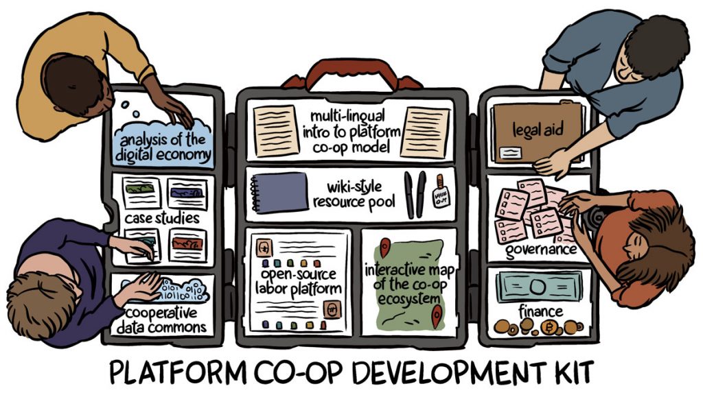 Hand-drawn illustration of a team working in a toolkit the size of a table with the title Platform Co-op Development Kit. Items include data commons, open source platform, wiki-style resource pool, governance, finance and legal aid