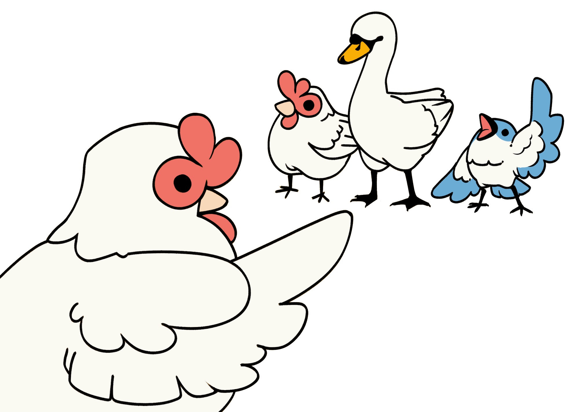 Brook the Artisans Cooperative chicken mascot is waving to a group of volunteer birds, including another chick, a goose, and a blue jay raising its wing