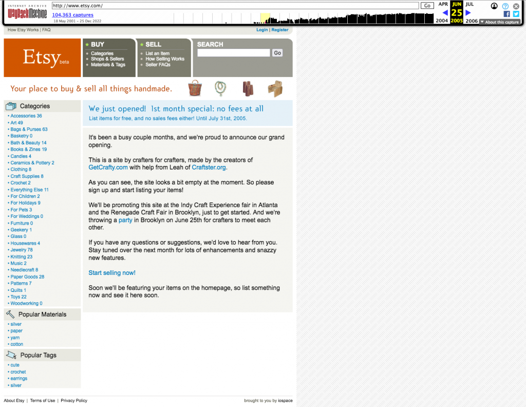Screenshot of Etsy homepage from 2005