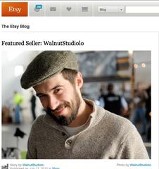 Screenshot of Etsy website from 2010 showing Walnut Studiolo as Etsy Featured Seller. Feature photo is of smiling man wearing a tweed cap and wool sweater with a beard. 