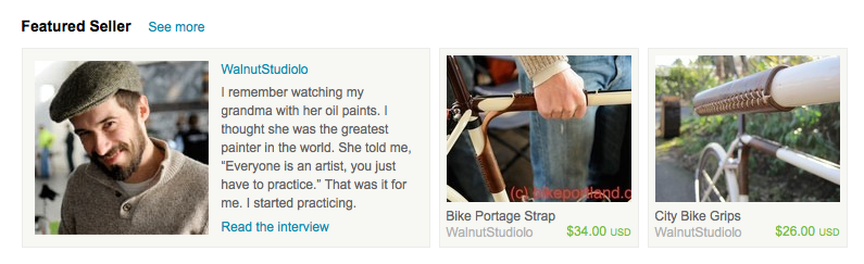 Etsy Featured Seller screenshot from 2010 showing a quote from Walnut Studiolo and featured products from 2010.