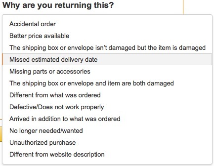 Screenshot of the list of Amazon merchandise return reasons