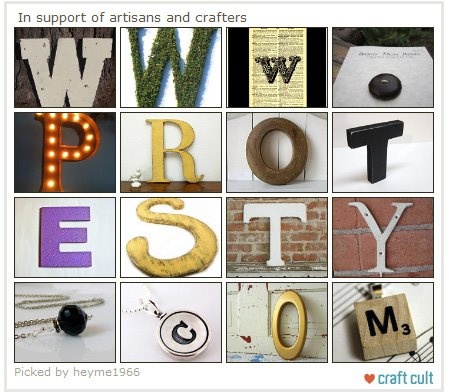 Image of an Etsy treasury: a collection of handmade items. This treasury is a Protest Treasury that features goods that spell out the word PROTESTY. 