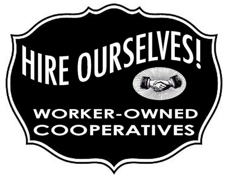 Black and white word graphic inside a badge that says Hire Ourselves! Worker-Owned Cooperatives and shows two hands in handshake from Shareable