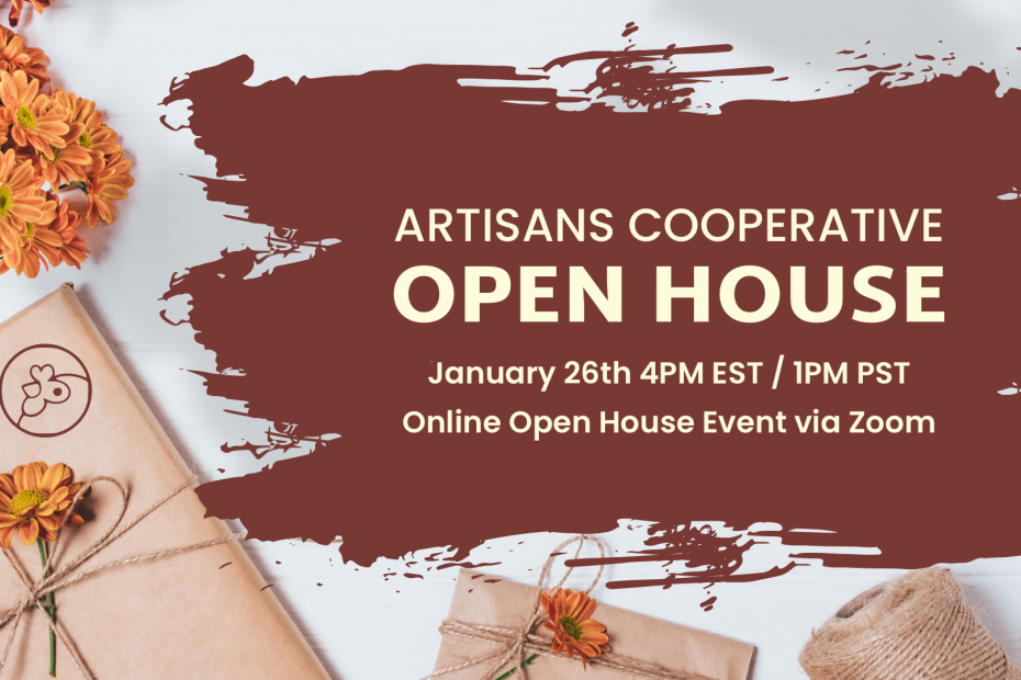 Artisans Cooperative Open House Word Art Graphic January 26 on Zoom. Register via EventBrite