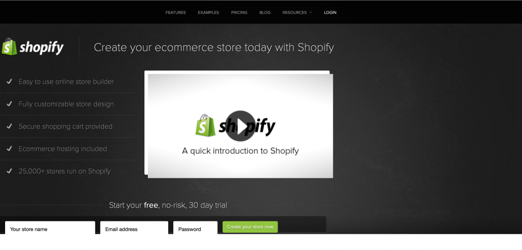 Screenshot of Shopify homepage from 2012, shows the focus is on building an e-commerce website