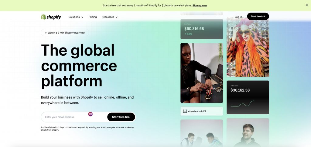Screenshot of Shopify homepage from 2023, shows their product has expended to a "global commerce solution"