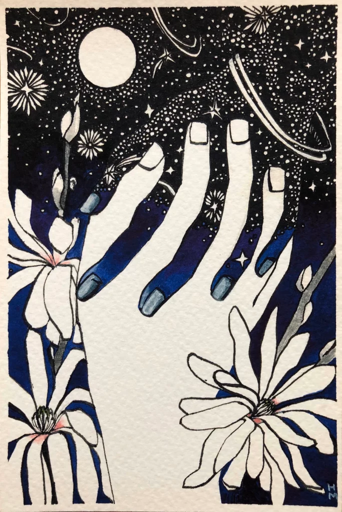 Fine art print by Alight Arts titled "union". It shows two hands clasping in the moonlight, a white hand reaching up from below through white flowers and a black hand reaching down from above through the stars galaxies moon and constellations. 