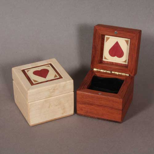 hand-crafted heart ring boxes by Al Ladd at Fine Edge Woodworking