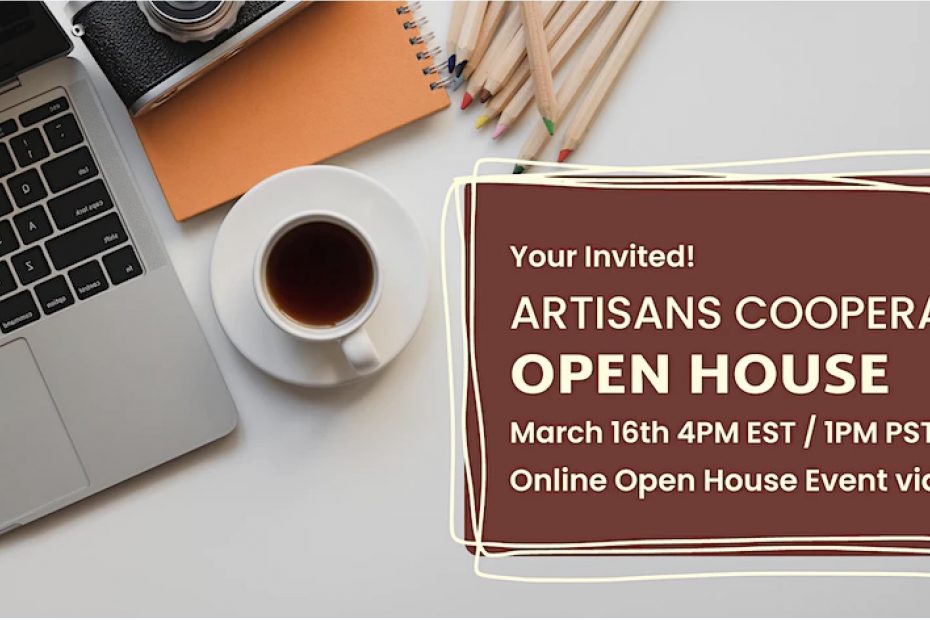 Artisans Cooperative Open House Word Art Graphic March 16 on Zoom. Register via EventBrite