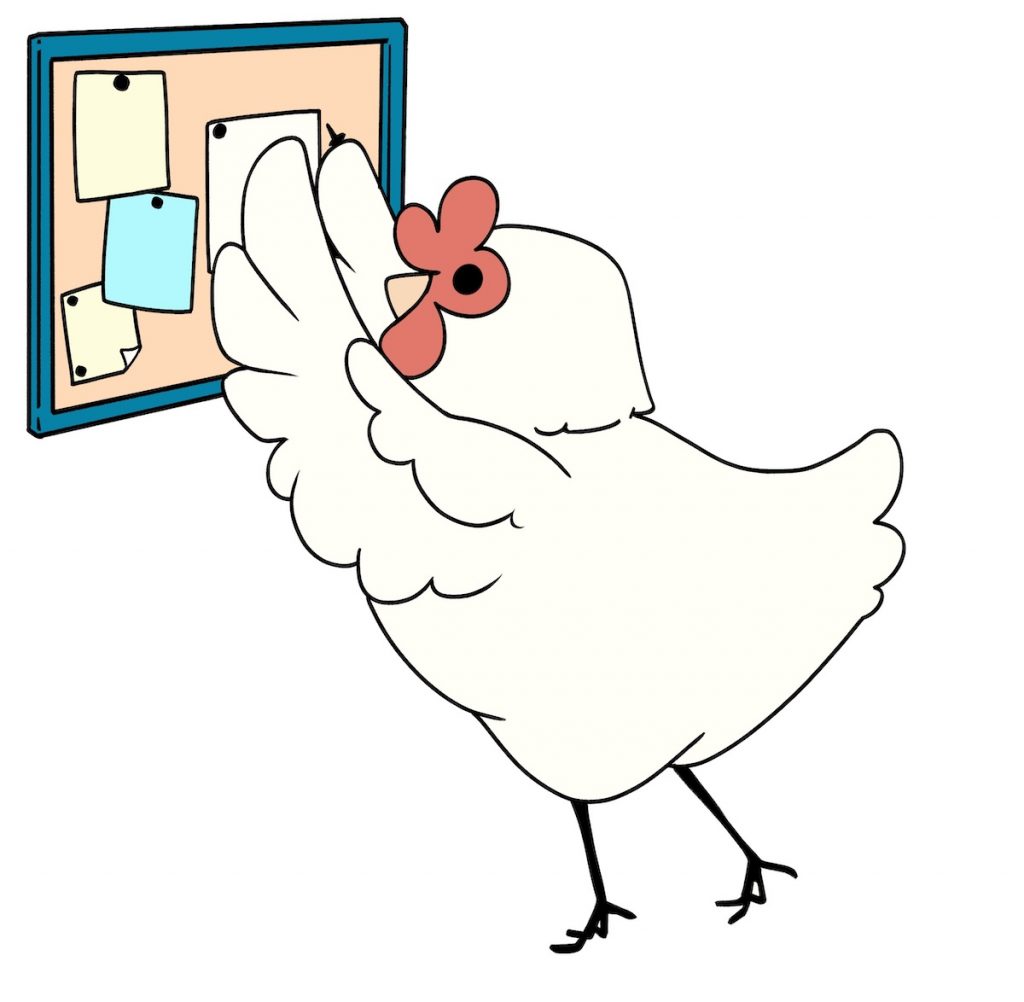 An illustration of a chicken excitedly posting flyers on a bulletin board, spreading the word about Artisan's Co-op!
