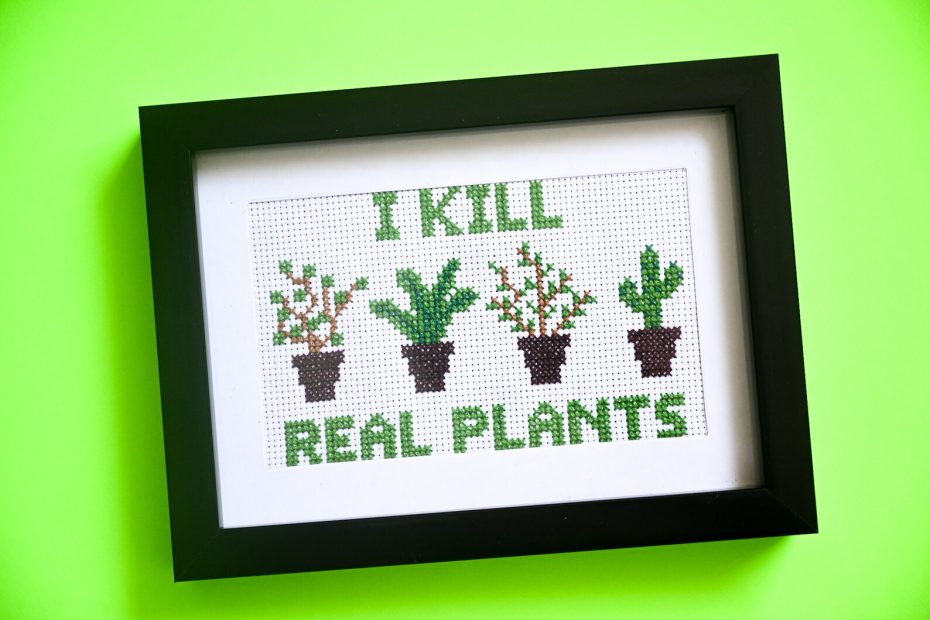 cross-stitch pattern with potted plants that says I Kill Real Plants
