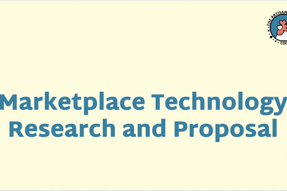Screenshot of slide show / pitch deck title page in the Artisans Cooperative brand colors: Marketplace Technology Research and Proposal