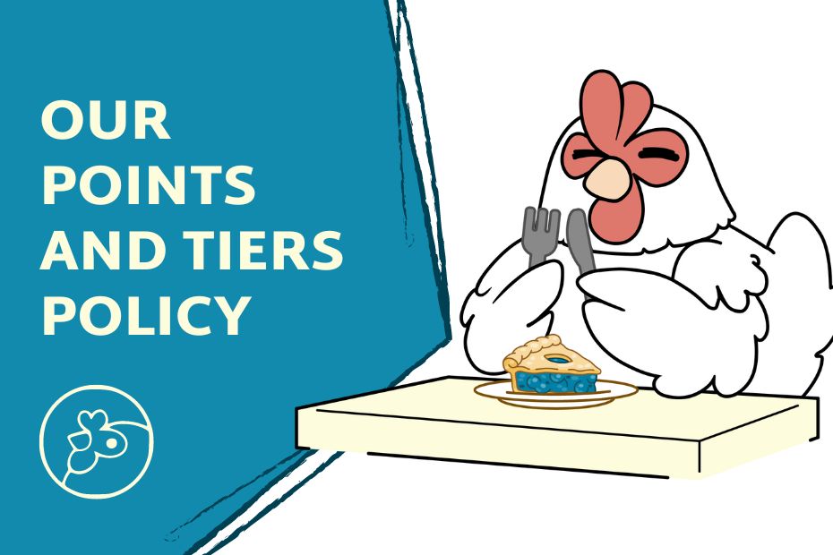 Blog post cover image with the words Our Points & Tiers Policy and a picture of Brook the Artisans Cooperative chicken mascot tucking into a slice of blueberry pie