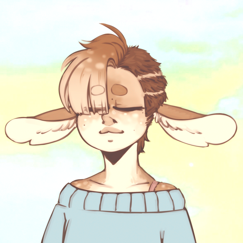 A hand drawn illustration of a person that is half deer, half human. The person looks peaceful, with closed eyes and relaxed body language. The illustration has pastel colors and a very calm energy.