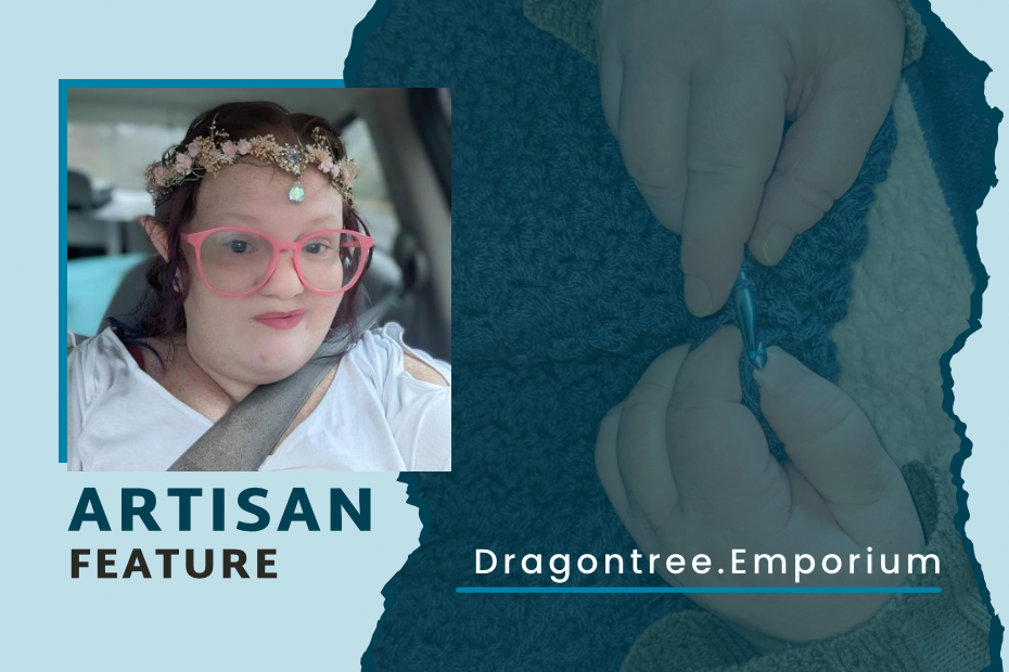 Header graphic of Artisans Cooperative Artisan Profile Dragontree Emporium with a picture of a young woman with pink glasses and a flower crown