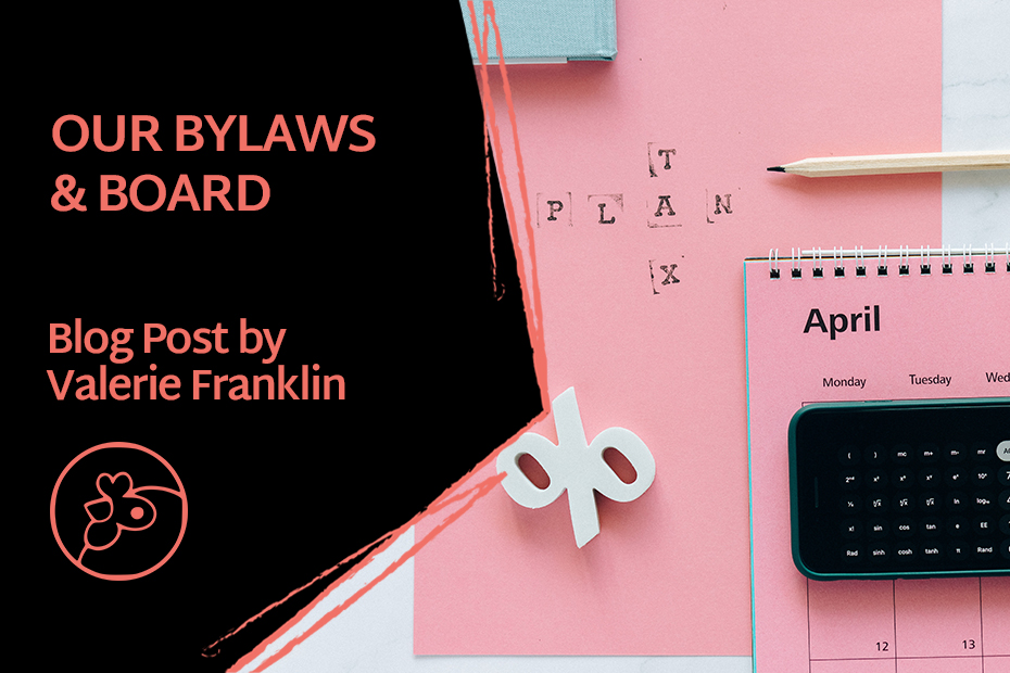 Cover photo for blog with picture of pink desktop, calculator and desk tools, and title "Bylaws and Board"