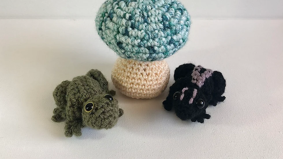On a white table sit two crochet frogs on either side of a blue and white crochet mushroom. The left frog is green and the right frog is black and purple. A perfect pride gift.