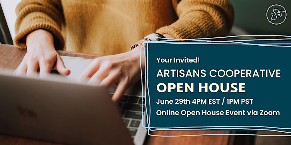 Artisans Cooperative Open House Word Art Graphic June 29 on Zoom. Register via EventBrite