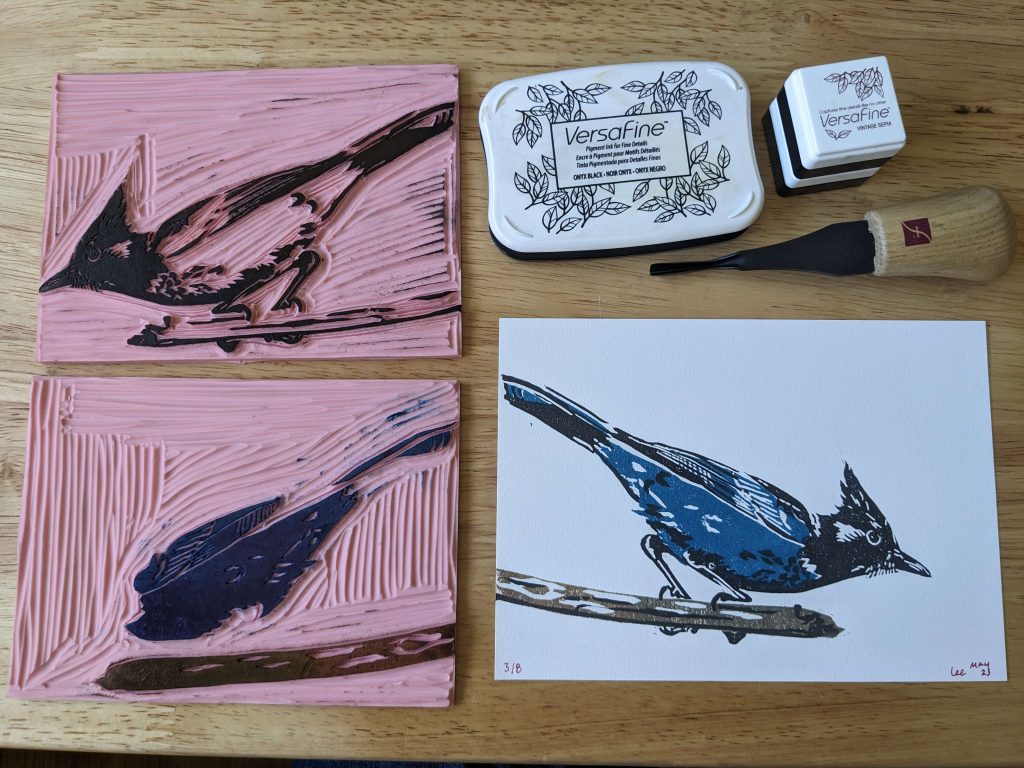 A photo of a Stellar's Jay print and the two print blocks used to create it. Also in the frame are the ink pads and carving tool. 