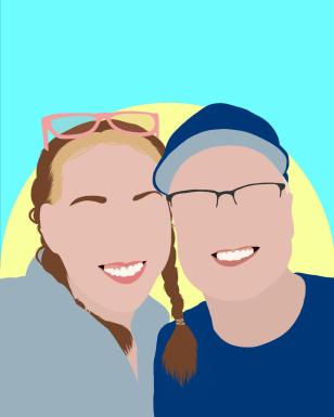 A commissioned, hand drawn portrait of two smiling people, made by Thera from Atypically Artistic 