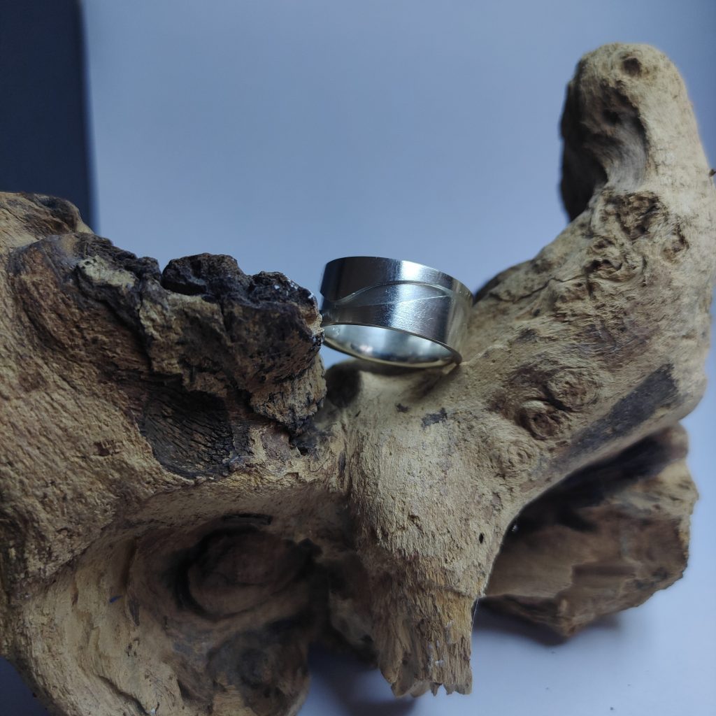 A closeup photo of a silver ring. An oblong, organically curving shape is carved out of the circumference of the ring. The ring is sitting atop a piece of driftwood.
