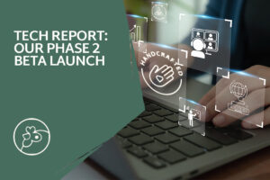 Image of a person typing on a keyboard with space-age graphics representing computer windows showing handmade items and the Artisans Cooperative logo. Title text says Tech Report: Our Phase 2 Beta Launch