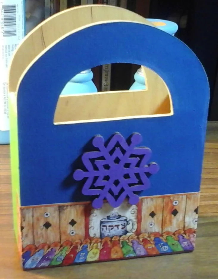 Gift bag made of wood hand painted with a holiday scene and snowflakes, for reusing every holiday season