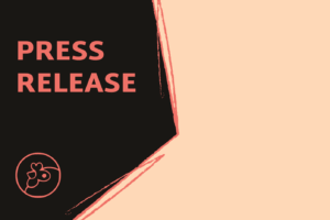 Simple word graphic with a peach background and a dark brown flag that says in pink text, Press Release, with the aRtisans Cooperative logo