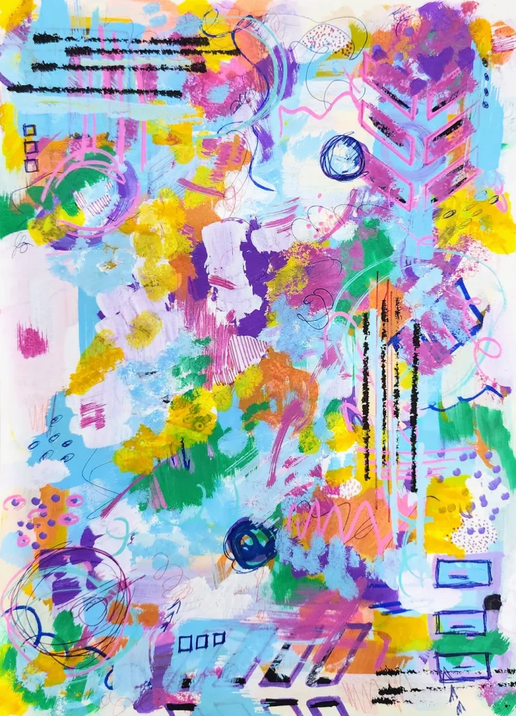An abstract painting with bright spring easter 1980's colors like turquoise, light purple, green, and dark pink