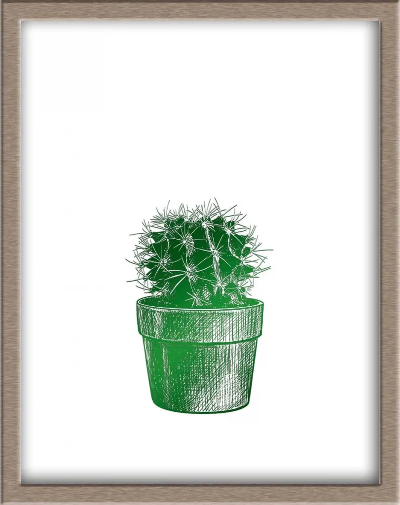 Print of a small succulent cactus with spines in a little green pot