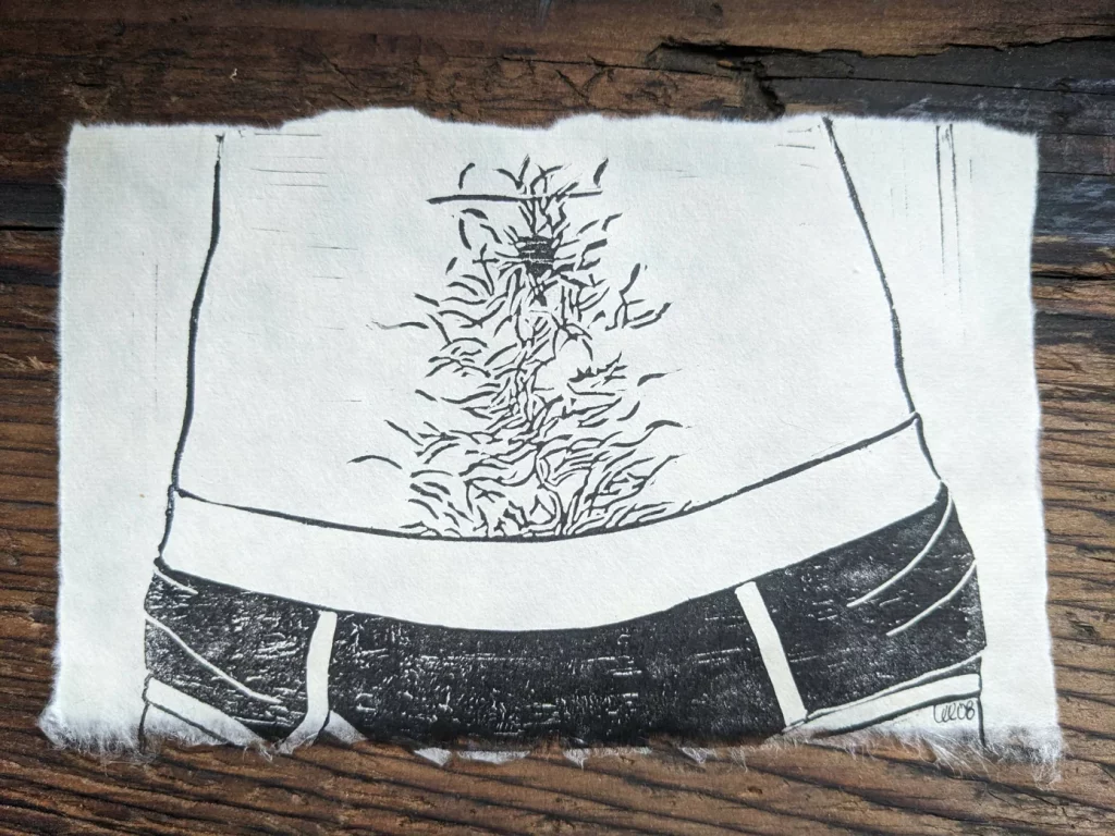 Handmade print of a man's bare midsection with a hairy belly button and dark underwear