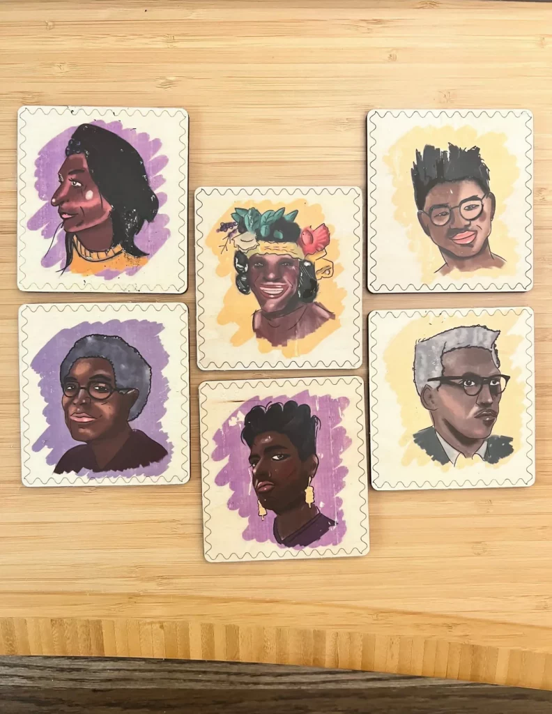 Hand-painted square coasters with a head portrait of a famous queer icon and person of color