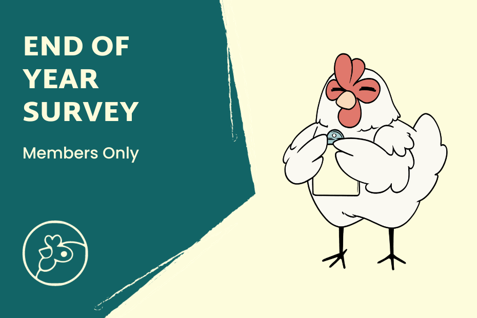 Cover image with the words End of Year Survey, Members Only and an illustration of Brook the Artisans Cooperative Chicken Mascot holding a clipboard and smiling