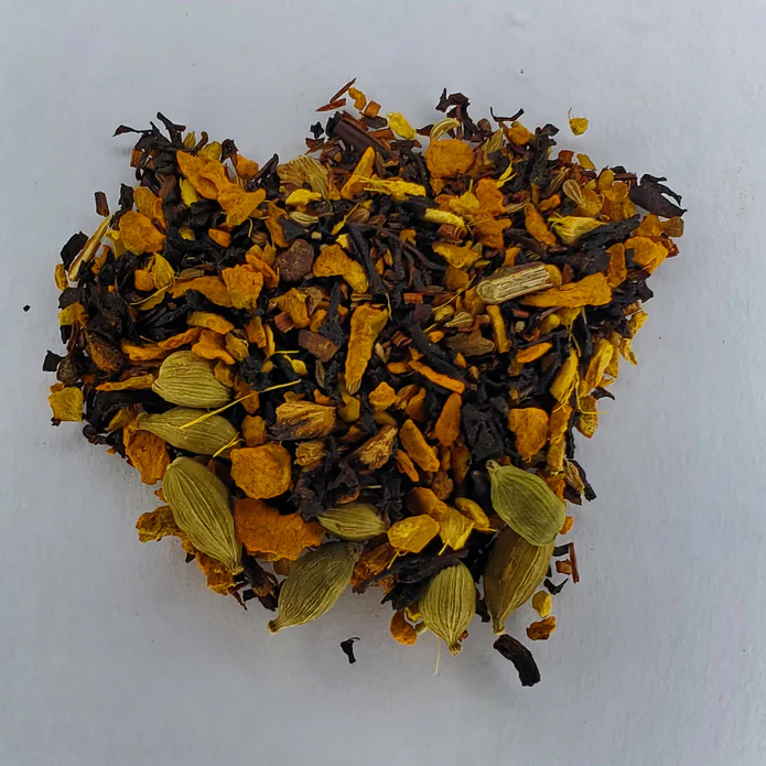 A pile of herbs, spices, and tea on a white background.
