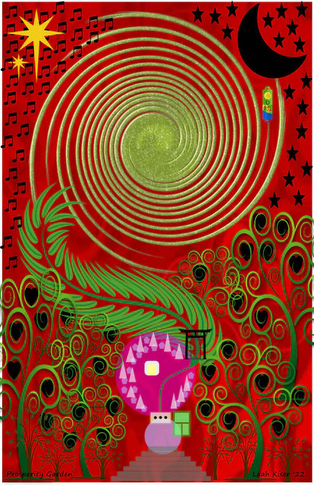 On a red background, green stripes swirl into the upper center, a long green leaf snakes up from the top of a pink altar at the bottom, music notes and a star and moon in the upper corners.
