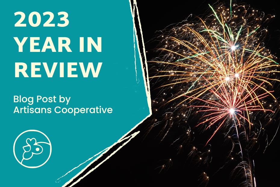 To the right, fireworks in a pitch black sky. To the left, "2023 Year in Review Blog Post by Artisans Cooperative" and the Coop chicken logo