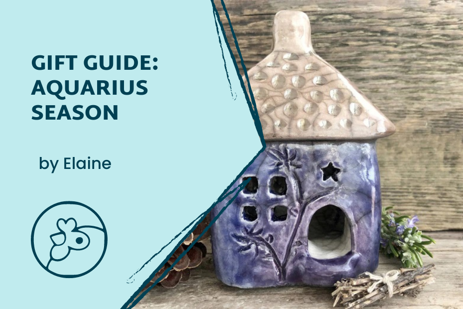 A small purple raku fired ceramic house behind the words: "Gift Guide: Aquarius Season, by Elaine"